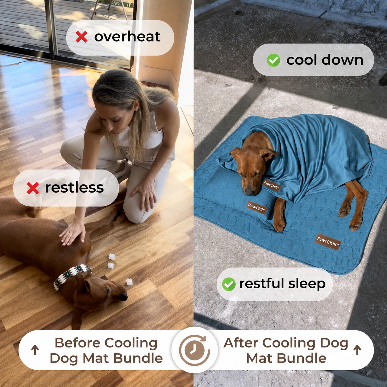 Before and after: a restless dog on the floor versus a dog resting on a PawChill cooling mat