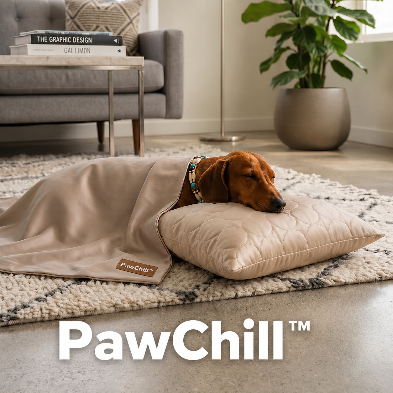 Dog asleep on the beige PawChill cooling pillow and sheet in a living room