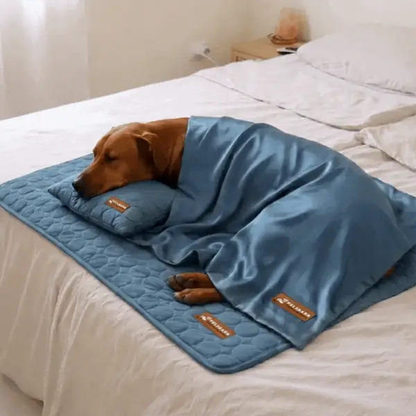 Dog sleeping under the deep blue PawChill cooling sheet on a bed